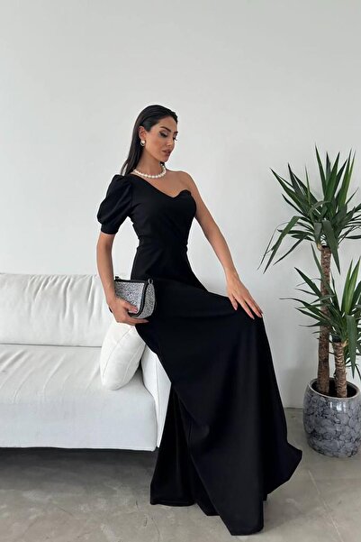 Deafox Black Heart Collar Half Sleeve Crepe Fabric Maxi Length Dress