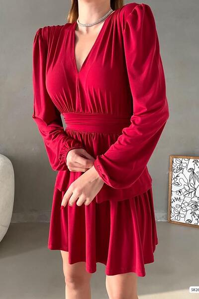 Deafox Red V-Neck Long Sleeve Sandy Fabric Folded Dress