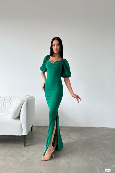 Deafox Emerald Green Maxi Φόρεμα - Κρεπ ύφασμα, γιακάς με διπλό στήθος και λεπτομέρεια με μπαλόνι