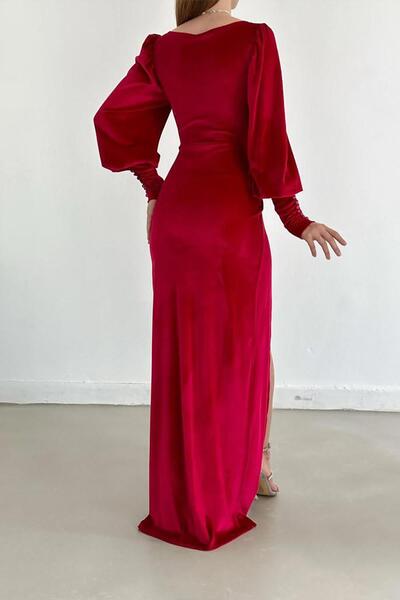 Deafox Red Balloon Sleeve Maxi Length Slit Detail Bársony szövet ruha