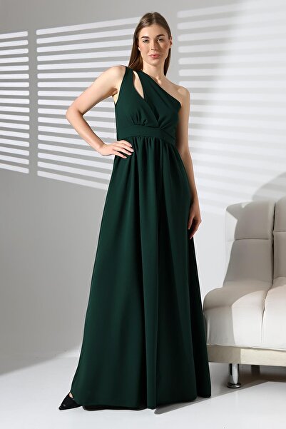 Deafox Σμαραγδένιο Πράσινο Εισαγόμενο Κρεπ Φόρεμα με έναν ώμο με μακρύ σκίσιμο στο πλάι