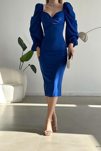 Deafox Saks Blue Princess Sleeve Sleeve Slited, szív galléros midi ruha