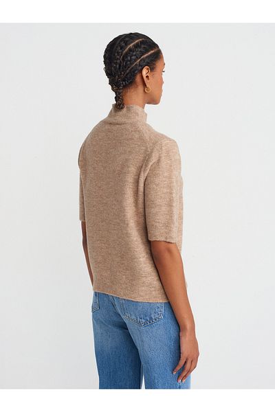 Dilvin 10658 Stand Collar Short Sleeve Knitwear Sweater-Beige