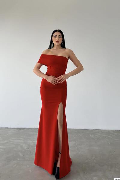 Deafox Red Crepe Fabric Strapless One-Shoulder Slit Evening Dress
