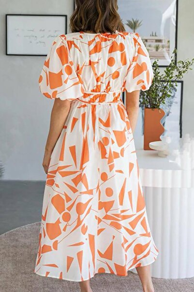 Deafox Orange Digital Printed Linen Fabric Lined Waist Gathered Midi Dress