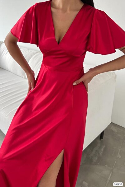 Deafox Red Maxi Satin Dress - Back Detail, Short Sleeve