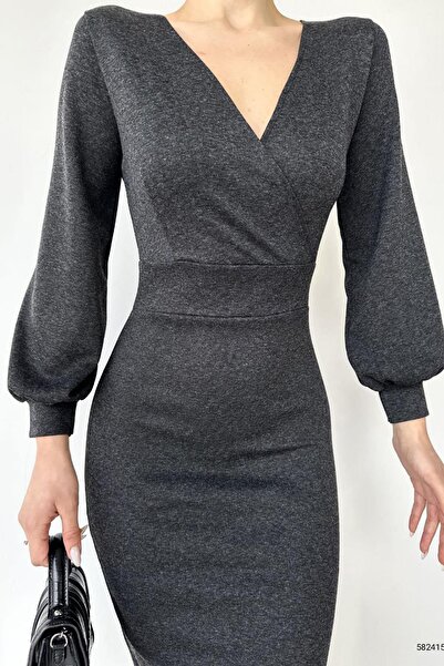 Deafox Rochie neagră cu guler dublu cu mânecă lungă din material ecrin