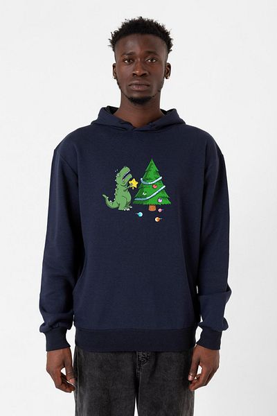 Tshirthane Мъжки суичър с качулка тип „коледна елха“ в тъмносиньо и динозавърско синьо, 3ip