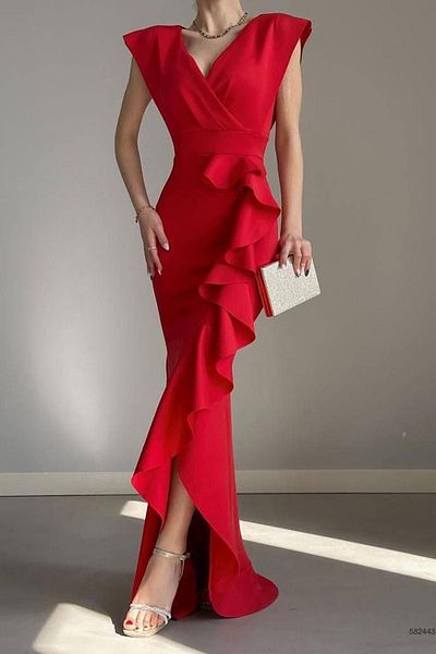 Deafox Rotes Abendkleid aus Netzstoff mit zweireihigem Kragen, Volant und Schlitz