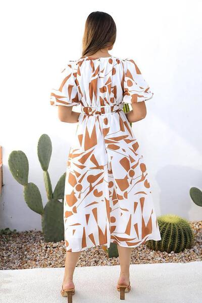 Deafox Brown Digital Printed Linen Fabric Lined Waist Gathered Midi Dress