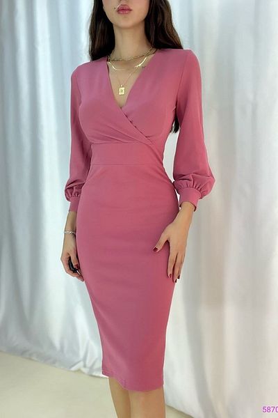 Deafox Rochie cu mâneci lungi, cu guler dublu, crepon, culoare trandafir uscat