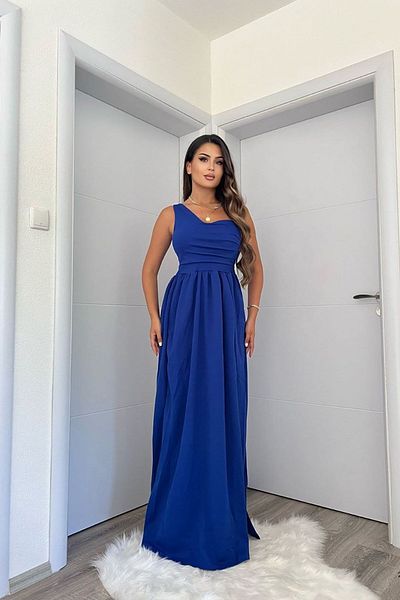 Deafox Saks Blue Crepe Fabric egy vállú félszív galléros ruha