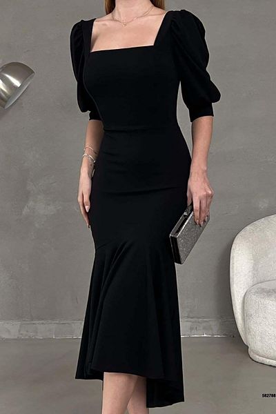 Deafox Rochie midi din țesătură creponată neagră, cu gât pătrat, cu mânecă cu balon
