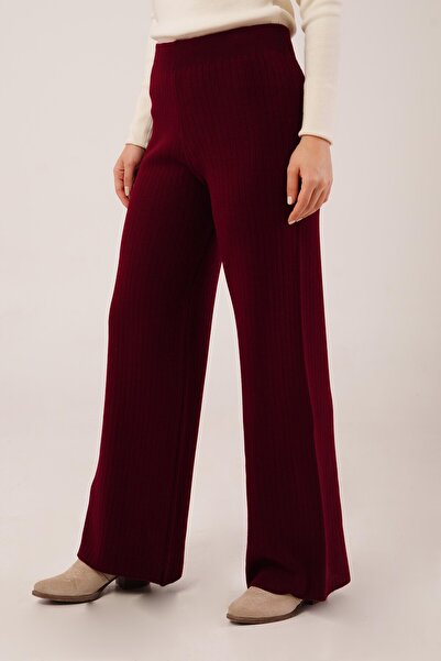 Hipo Trend Rebrasto Široke nogavice Crvene pletene pantalone sa elastičnim st...