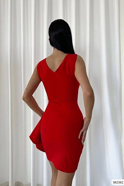 Deafox Red Flounce Detailed Thick Strap Crepe Mini Dress