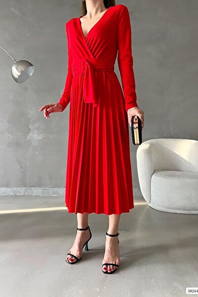 Deafox Piros duplasoros galléros hosszú ujjú krepp szövetből készült hosszú hajtogatott ruha övvel