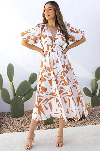 Deafox Brown Digital Printed Linen Fabric Lined Waist Gathered Midi Dress