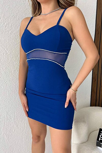 Deafox Saks Beyoğlu Jewelled Strap Crepe Dress with Chest Globe and Hidden Zipper