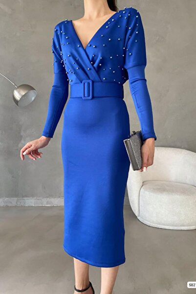 Deafox Μακρυμάνικο μίντι φόρεμα Saks Blue Belted Scuba Fabric Pearl