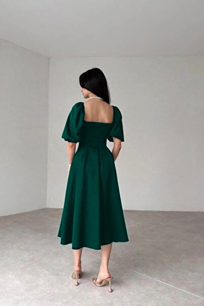 Deafox Balloon Sleeve and Pleated Square Collar Emerald Green Midi Dress
