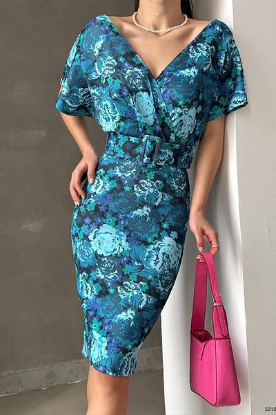 Deafox Rochie albastră cu curea din stofă scuba cu modele florale