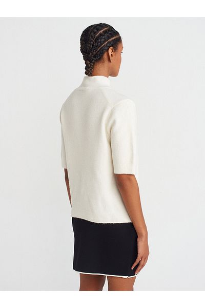Dilvin 10658 Stand Collar Short Sleeve Knitwear Sweater-Ecru