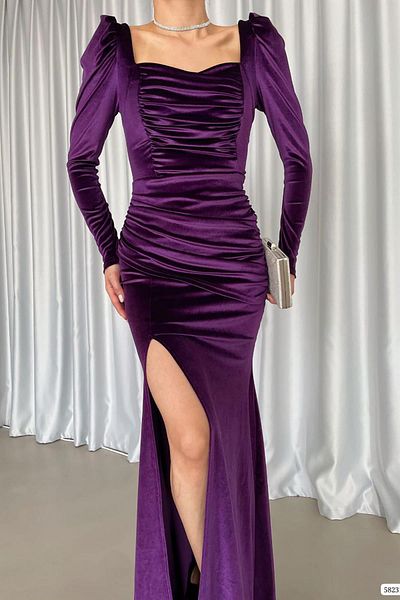 Deafox Rochie de seară până la podea, mov, cu decolteu pătrat, cu mâneci lungi