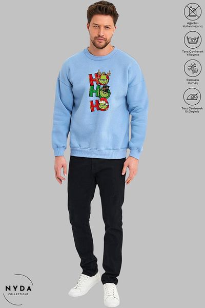 Nyda Collections Unisex Grinch Hohoho Πρωτοχρονιάτικο χριστουγεννιάτικο στάμπα με λαιμόκοψη χωρίς κουκούλα υπερμεγέθη φούτερ