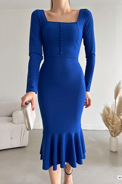 Deafox Detail modrého tlačítka Rybí model Midi s dlouhým rukávem