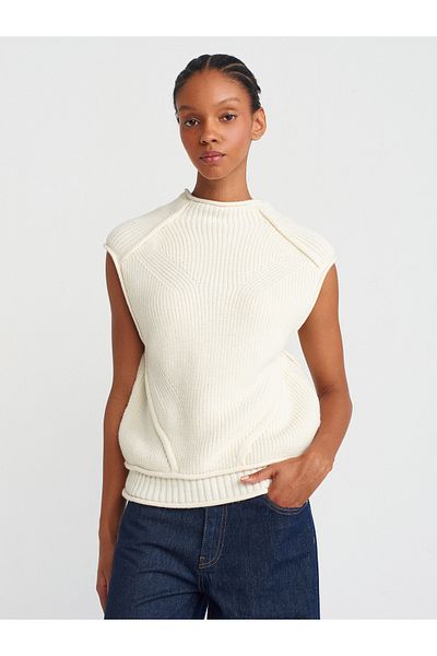 Dilvin 10669 Ecru Knitwear Sweater - Stand Collar and Stitching Knit Detail