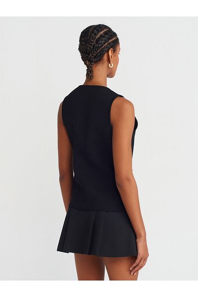Dilvin 60294 V-Neck Knotted Pocket Knitwear Vest-Black