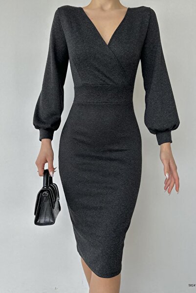 Deafox Rochie neagră cu guler dublu cu mânecă lungă din material ecrin