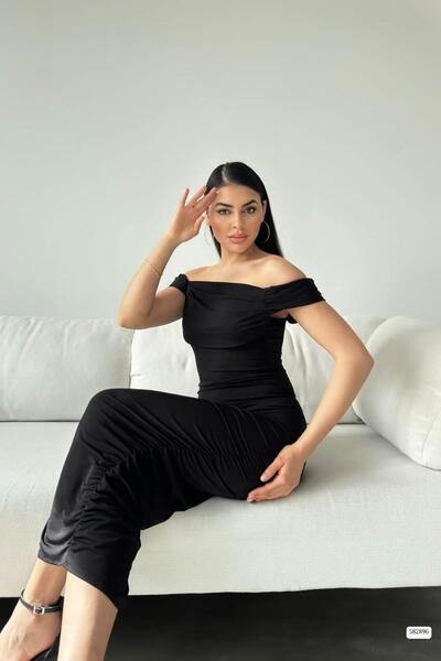 Deafox Black Sandy Fabric Drop Shoulder Detail Draped Midi Dress