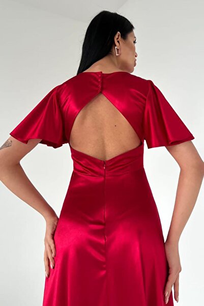 Deafox Red Maxi Satin Dress - Back Detail, Short Sleeve
