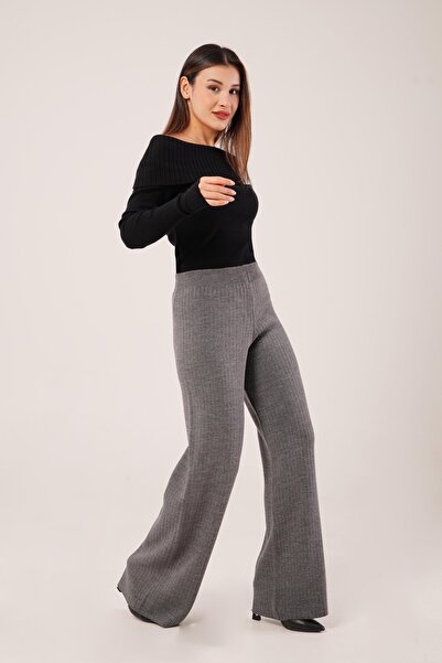 Hipo Trend بنطال تريكو أنثراسايت بأرجل واسعة وخصر مطاطي