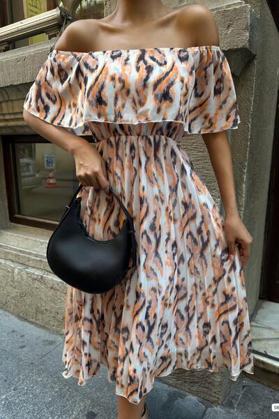 Deafox Madonna Collar Mink Patterned Pleated Chiffon Dress