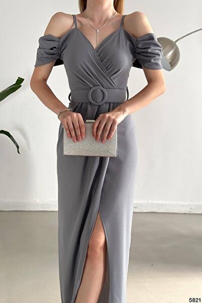 Deafox Γκρι υφασμάτινο φόρεμα κρεπ με διπλό στήθος με σχισμή ζώνη