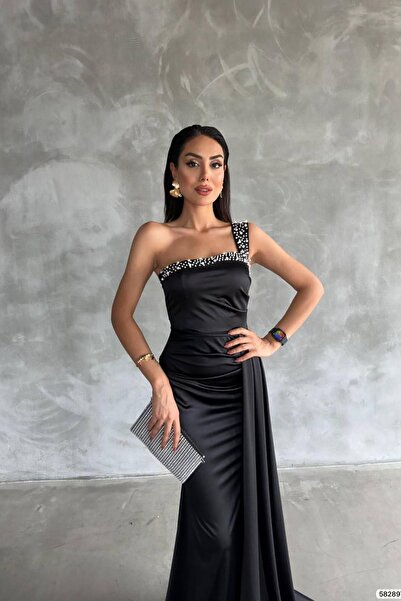 Deafox Večerní šaty s dlouhým maxi délkou z černého saténového kamene