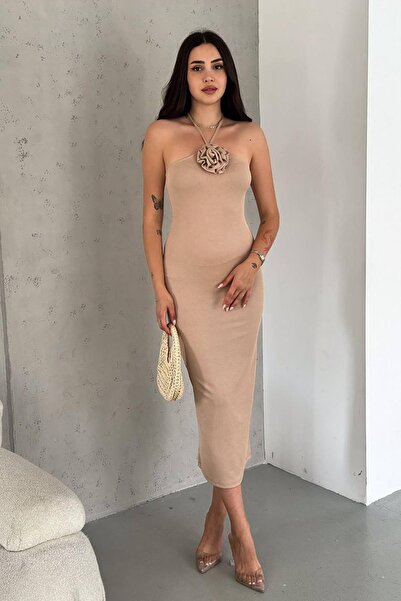 Deafox Cream Maxi Dress with Flower Detail - Full Lycra Twist Fabric