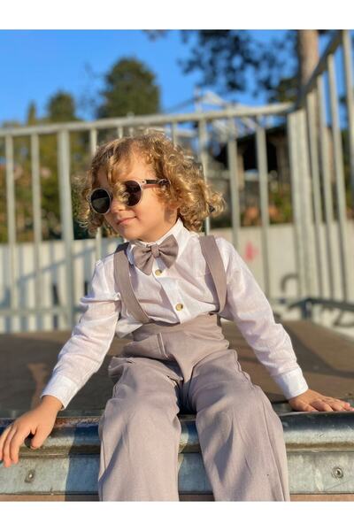 favorimkids Gray Cotton Harem Salopet Classic Long Sleeve Shirt with Bow Tie