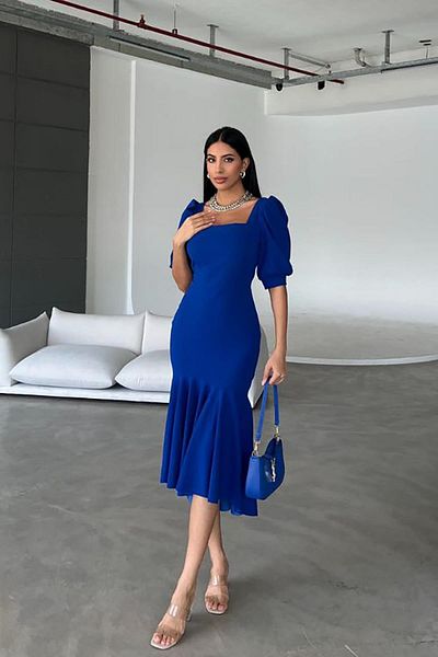 Deafox Saks Blue Crepe Midi φόρεμα - Τετράγωνος γιακάς και λεπτομέρεια με μπαλόνι μανίκι