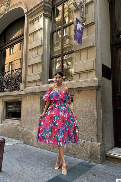 Deafox Rochie din șifon fucsia - guler Madonna și pliuri imprimate
