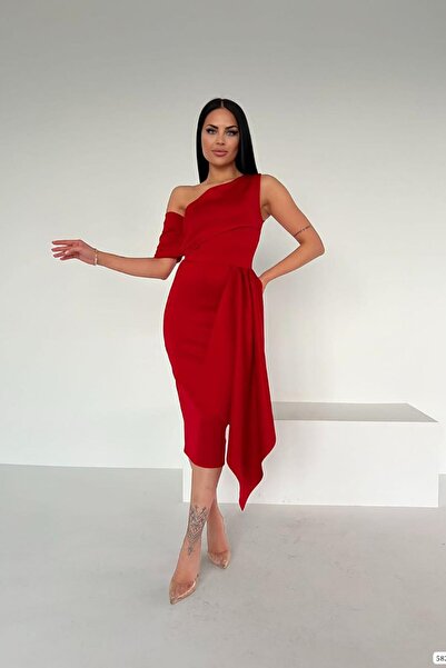 Deafox Piros búvárszövet egy vállú, midi hosszúságú tervezői ruha
