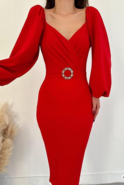 Deafox Kırmızı Kalp Yaka Kemerli İthal Krep Kumaş Uzun Kollu Midi Boy Elbise