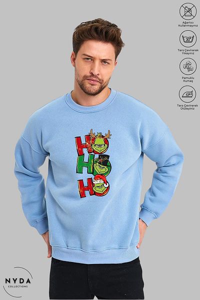 Nyda Collections Unisex Grinch Hohoho Πρωτοχρονιάτικο χριστουγεννιάτικο στάμπα με λαιμόκοψη χωρίς κουκούλα υπερμεγέθη φούτερ