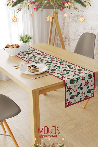 Moud's Christmas Patterned Cream Cockina Flower Runner - Laceless Suede Tablecloth