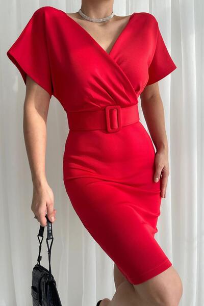 Deafox Rochie de scuba roșie cu guler cu curea dublu