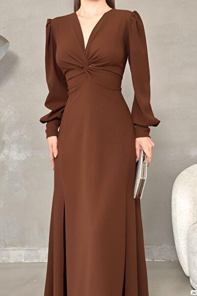 Deafox Καφέ κρεπ ύφασμα μπροστινός κόμπος Λεπτομέρεια Maxi Φόρεμα μακρυμάνικο με διπλό σκίσιμο