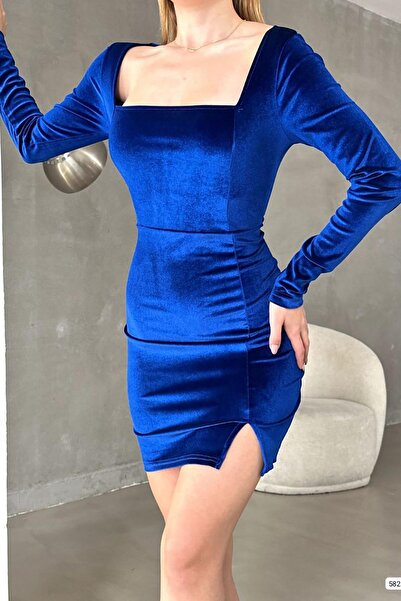 Deafox Saks Blue Velvet Fabric Slit részletes, hosszú ujjú miniruha