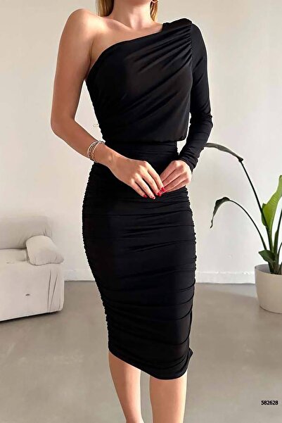 Deafox Μαύρο μονό μανίκι Gather Detail Sandy Fabric Midi φόρεμα